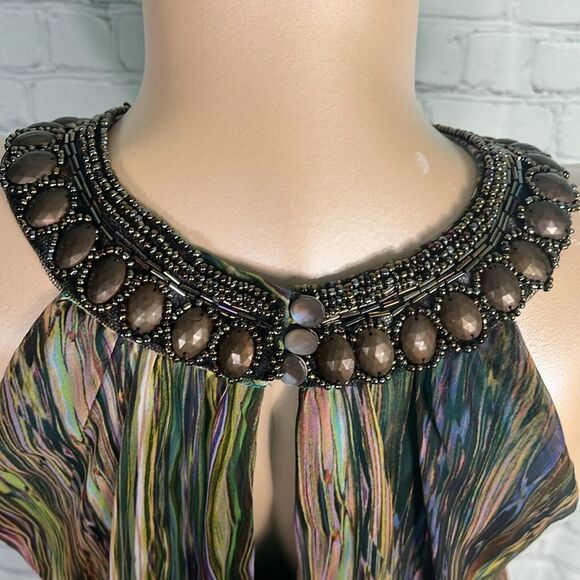 Multicolor Chiffon Beaded Halter Neck Dress Size 8 in Peacock colors - Picture 6 of 6